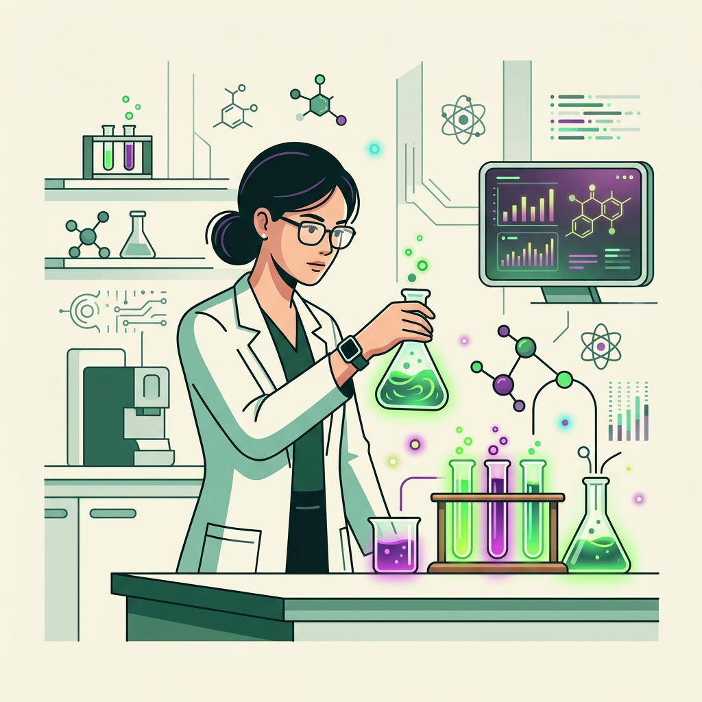 Chemist researching UXR data in laboratory setting